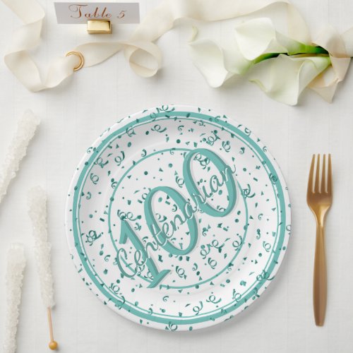 100th Elegant Centenarian Party TealWhite Paper Plates