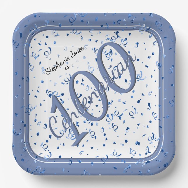 100th Elegant Party Centenarian Blue/White Paper Plates (Front)