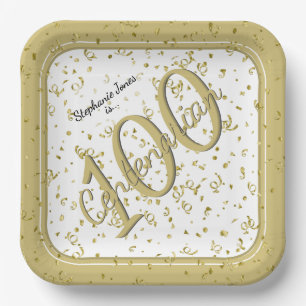 100th Elegant Party Centenarian Gold/White Paper Plates