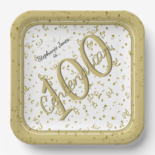 100th Elegant Party Centenarian Gold/White Paper Plates (Front)