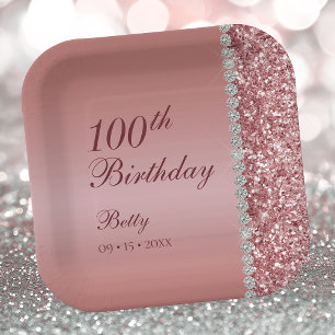 100th Elegant Rose Gold Birthday Paper Plates