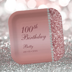 100th Elegant Rose Gold Birthday Paper Plates