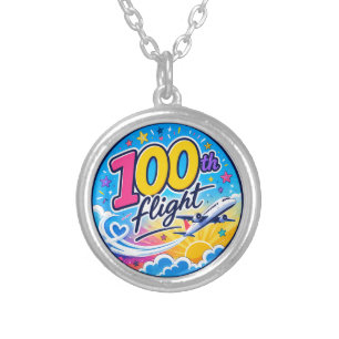 100th flight colorful airplane travel souvenir silver plated necklace
