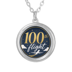100th flight gold airplane travel souvenir silver plated necklace