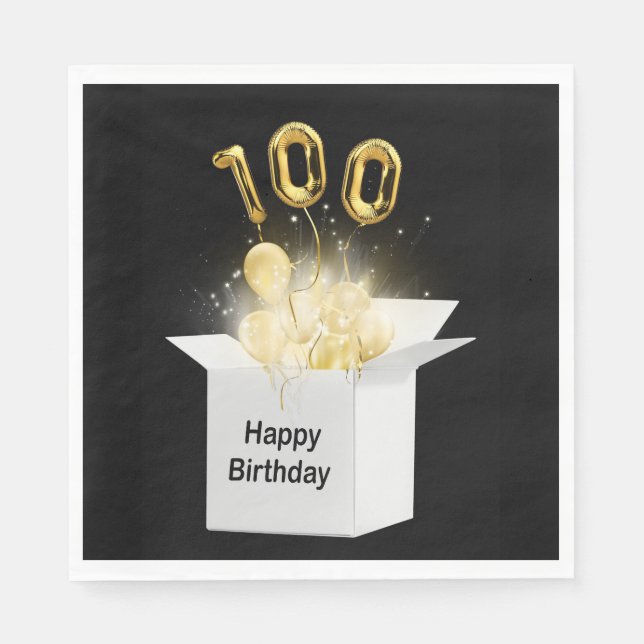 100th Gold Birthday Balloons in White Box    Napkins (Front)