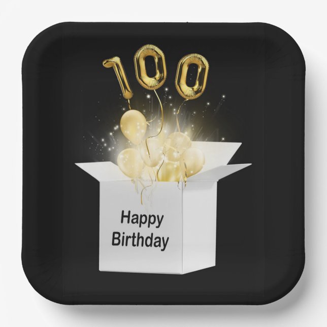 100th Gold Birthday Balloons in White Box  Paper Plates (Front)