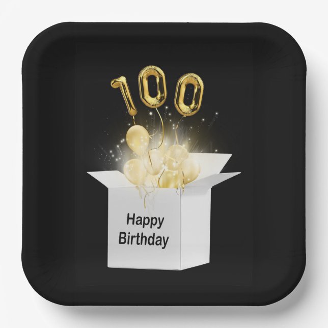 100th Gold Birthday Balloons in White Box   Paper Plates (Front)