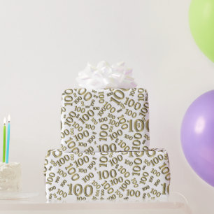 100th Gold/White Random Number Pattern Medium Wrapping Paper