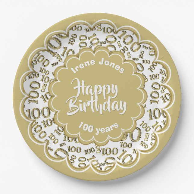 100th Gold/White Random Number Pattern Paper Plates (Front)