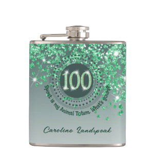 100th & Green Glitter & Drinking Quote Flask