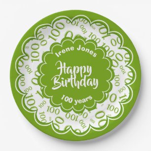 100th Green/White Random Number Pattern Paper Plates