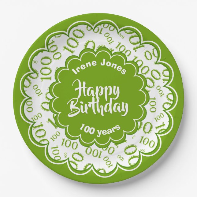 100th Green/White Random Number Pattern Paper Plates (Front)
