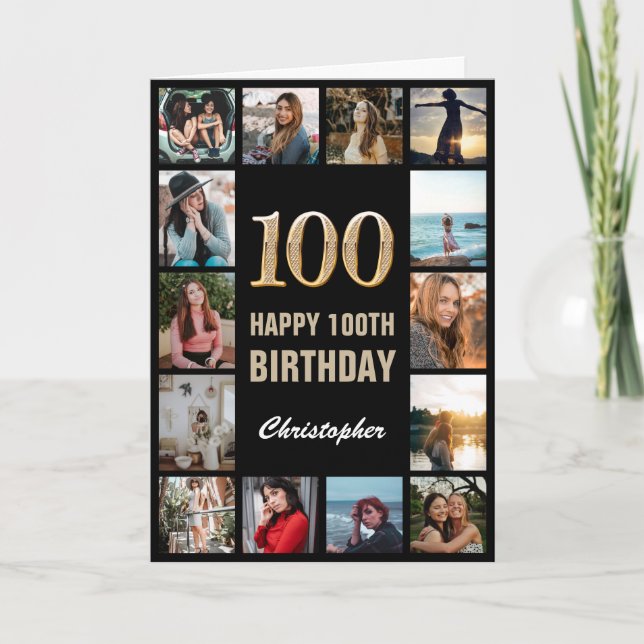 100th Happy Birthday Black and Gold Photo Collage Card (Front)
