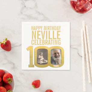 100th happy birthday gold white custom photo napkins