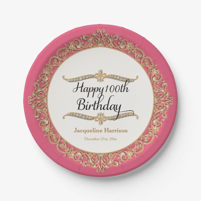 100th Happy Birthday Party Celebration Jewel Look Paper Plates (Front)