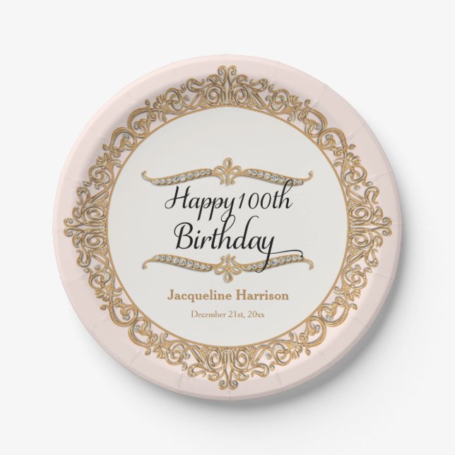 100th Happy Birthday Party Celebration Jewel Look Paper Plates (Front)