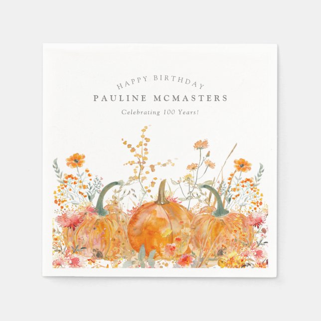 100th Happy Birthday Pumpkin Wildflower Custom Napkins (Front)