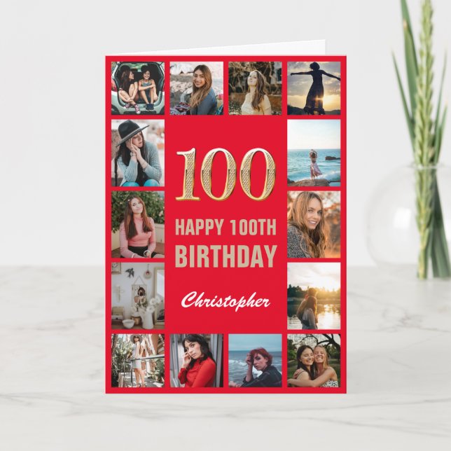100th Happy Birthday Red and Gold Photo Collage  Card (Front)