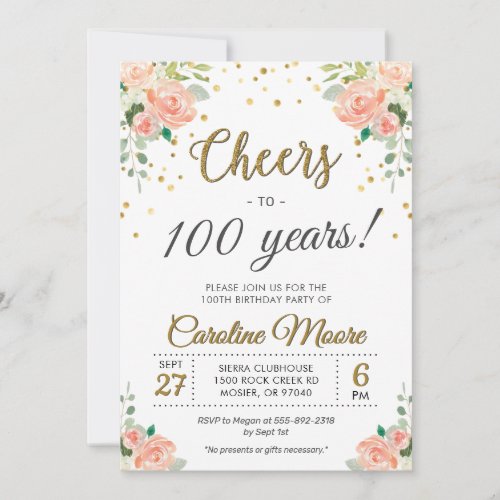 100th Ladies Birthday Party Hundredth Floral Gold Invitation