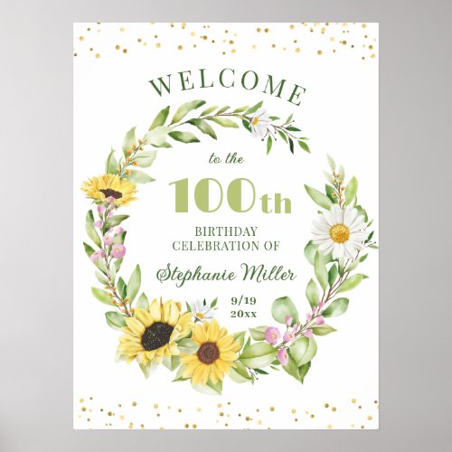 100th Ladies Birthday Womens 100 Sunflower Welcome Poster