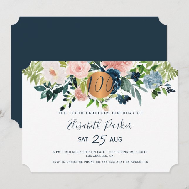 100th Modern navy floral watercolor birthday party Invitation (Front/Back)