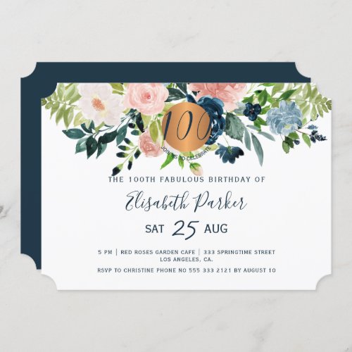 100th Modern navy floral watercolor birthday party Invitation
