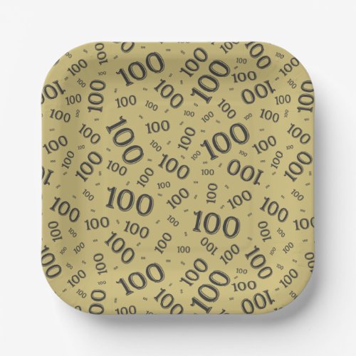100th Party Random Number Pattern BlackGold Paper Plates