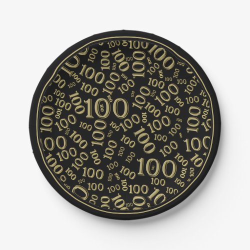 100th Party Random Number Pattern BlackGold Paper Plates