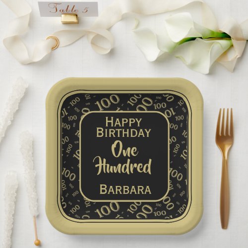 100th Party Random Number Pattern BlackGold Paper Plates