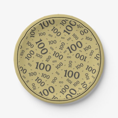 100th Party Random Number Pattern BlackGold Paper Plates