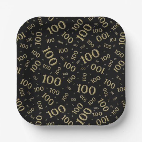 100th Party Random Number Pattern BlackGold Paper Plates