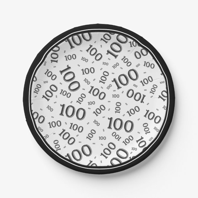 100th Party Random Number Pattern Black/White Paper Plates (Front)