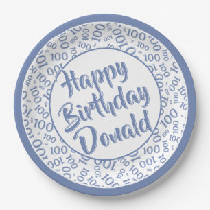 100th Party Random Number Pattern Blue/White Paper Plates