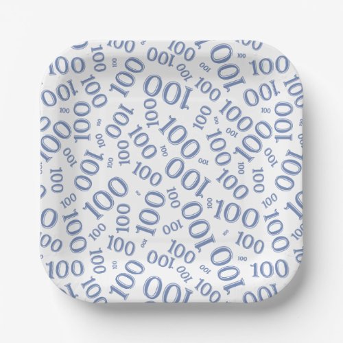 100th Party Random Number Pattern BlueWhite Paper Plates