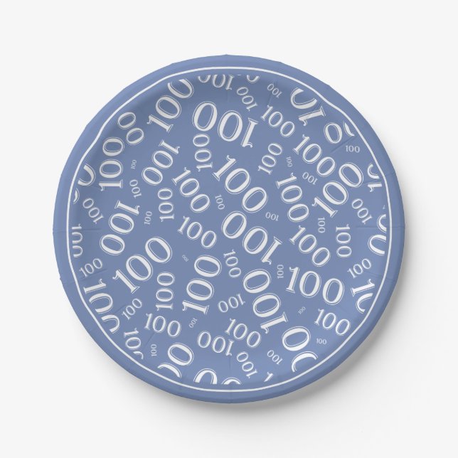 100th Party Random Number Pattern Blue/White Paper Plates (Front)