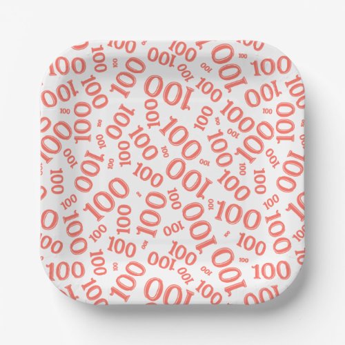 100th Party Random Number Pattern CoralWhite Paper Plates