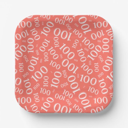 100th Party Random Number Pattern CoralWhite Paper Plates