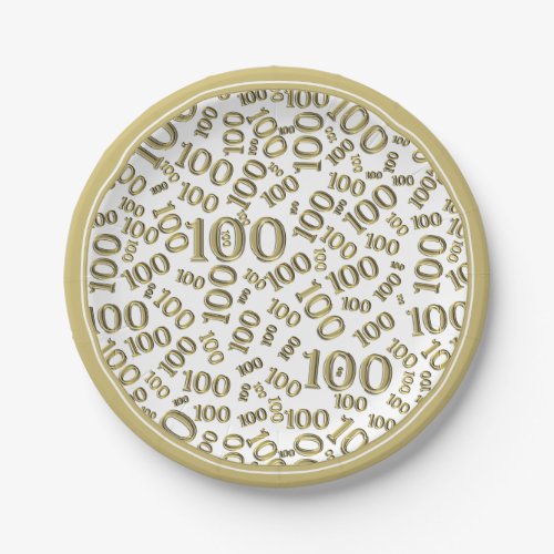 100th Party Random Number Pattern GoldWhite Paper Plates