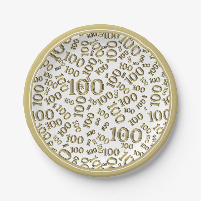 100th Party Random Number Pattern Gold/White Paper Plates (Front)