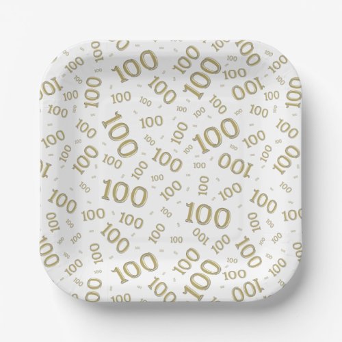 100th Party Random Number Pattern GoldWhite Paper Plates