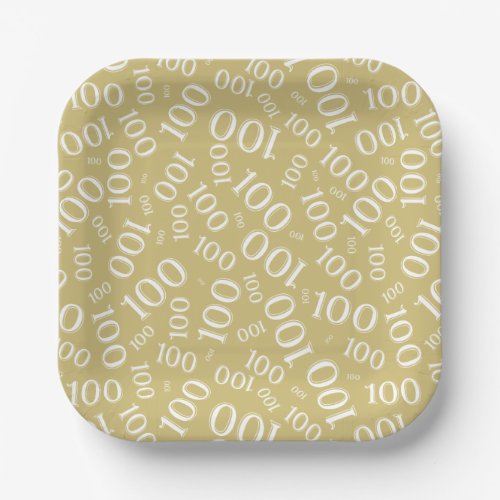 100th Party Random Number Pattern GoldWhite Paper Plates