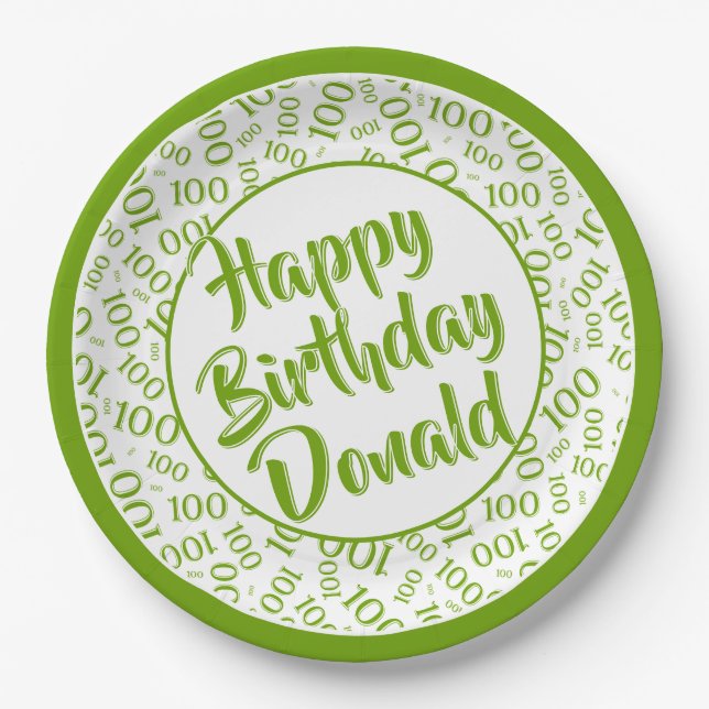 100th Party Random Number Pattern Green/White Paper Plates (Front)