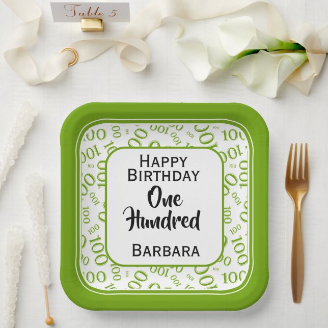 100th Party Random Number Pattern Green/White Paper Plates (Wedding)