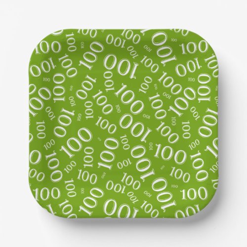 100th Party Random Number Pattern GreenWhite Paper Plates