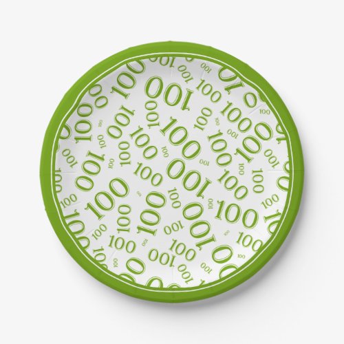 100th Party Random Number Pattern GreenWhite Paper Plates