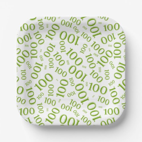 100th Party Random Number Pattern GreenWhite Paper Plates