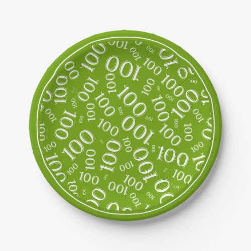 100th Party Random Number Pattern GreenWhite Paper Plates