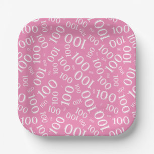 100th Party Random Number Pattern Pink/White Paper Plates