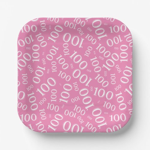 100th Party Random Number Pattern PinkWhite Paper Plates