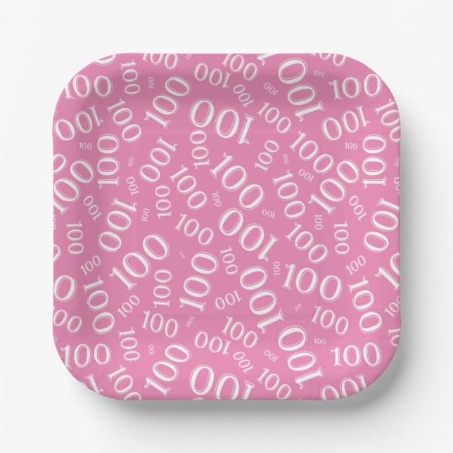 100th Party Random Number Pattern Pink/White Paper Plates (Front)